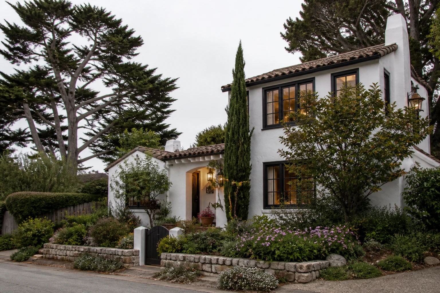 Southern California stucco house with mature landscaping